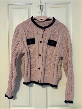 Women’s Cable Knit Pink Cardigan Sweater with Navy Trim